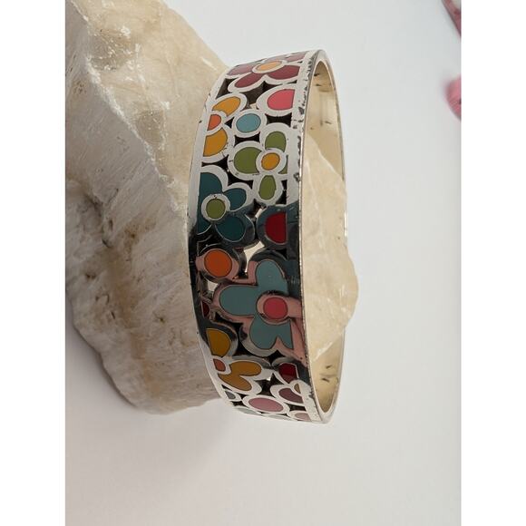 Brighton Jewelry - Brighton Multi-Color Enamel Flower Bangle Bracelet Silver Tone Floral Boho